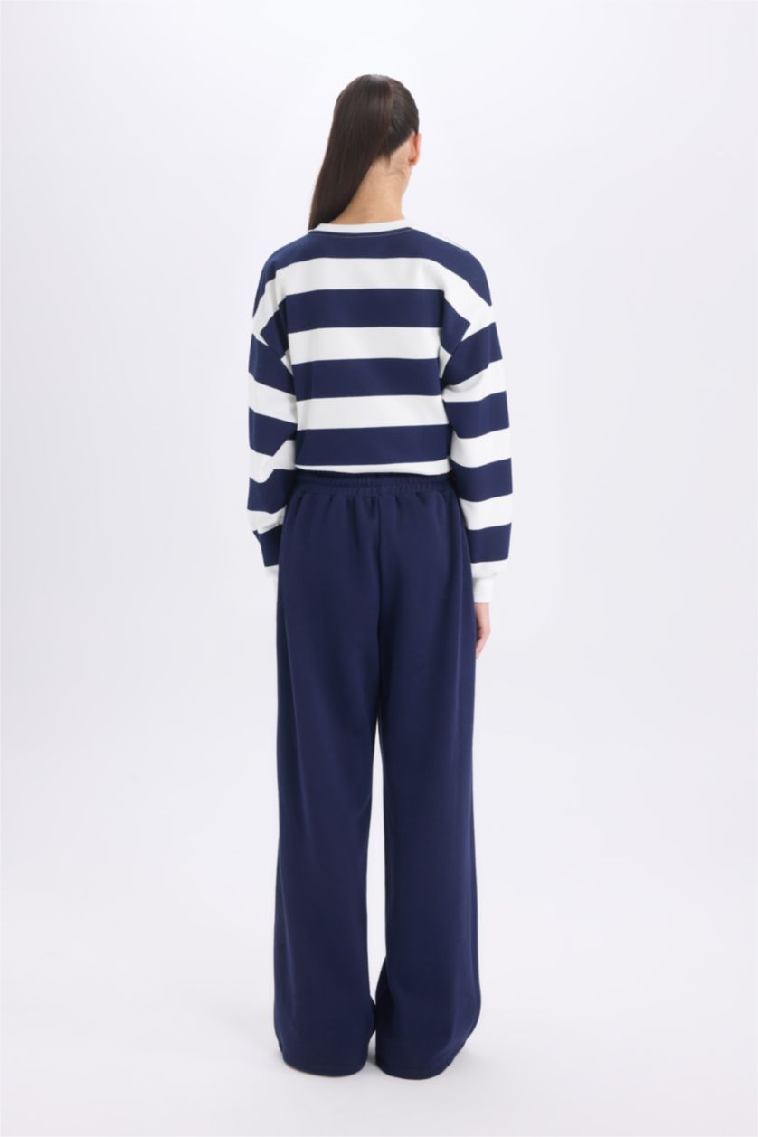 Kadın Lacivert Standart Fit Jogger Kalın Kışlık Eşofman Altı Basic Düz Beli Lastikli Geniş Paça Uzun Boy