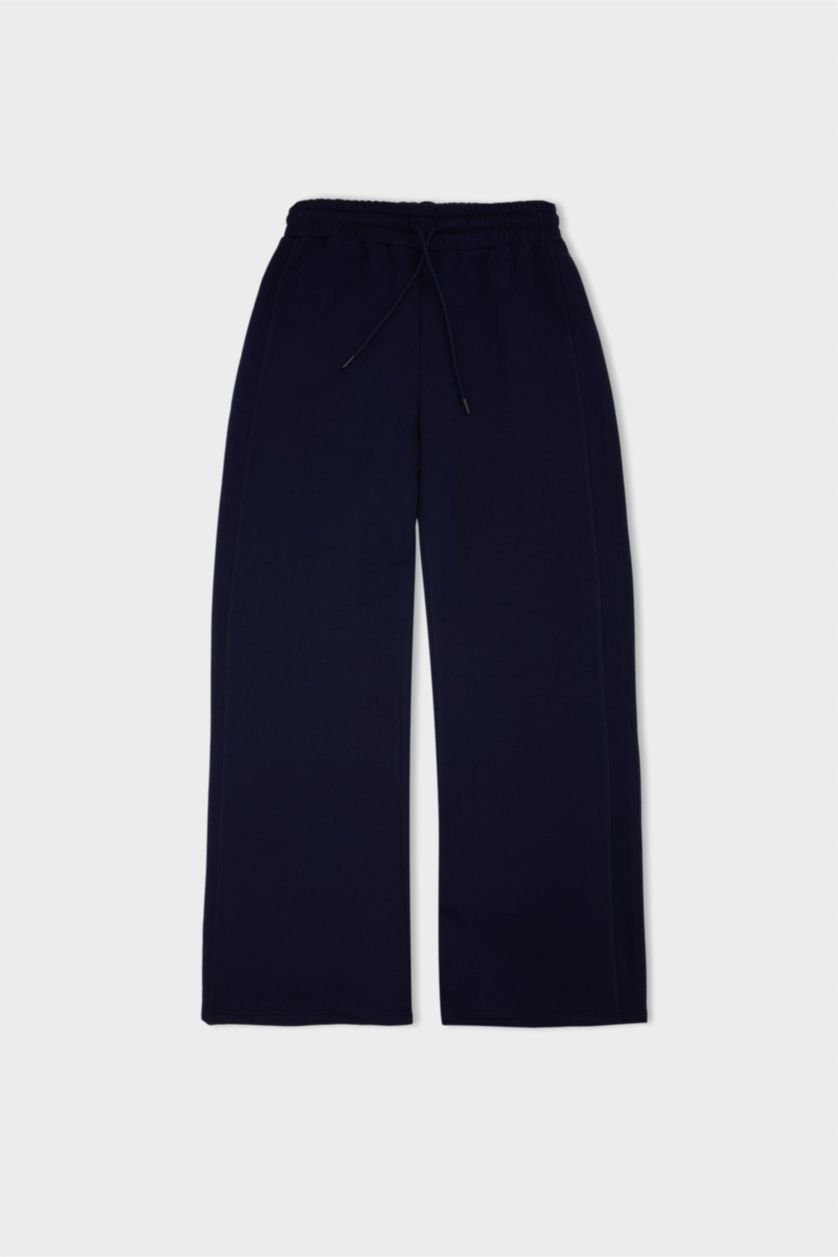 Kadın Lacivert Standart Fit Jogger Kalın Kışlık Eşofman Altı Basic Düz Beli Lastikli Geniş Paça Uzun Boy