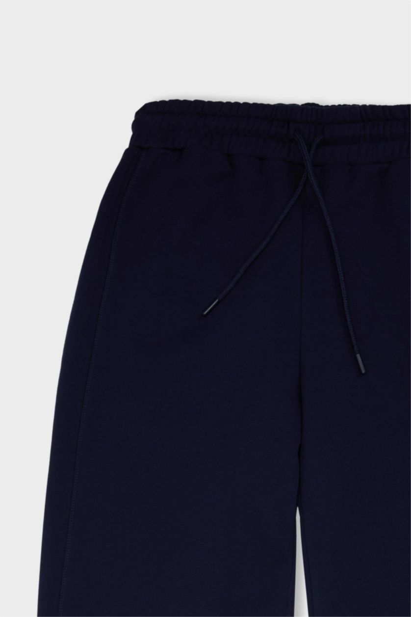 Kadın Lacivert Standart Fit Jogger Kalın Kışlık Eşofman Altı Basic Düz Beli Lastikli Geniş Paça Uzun Boy