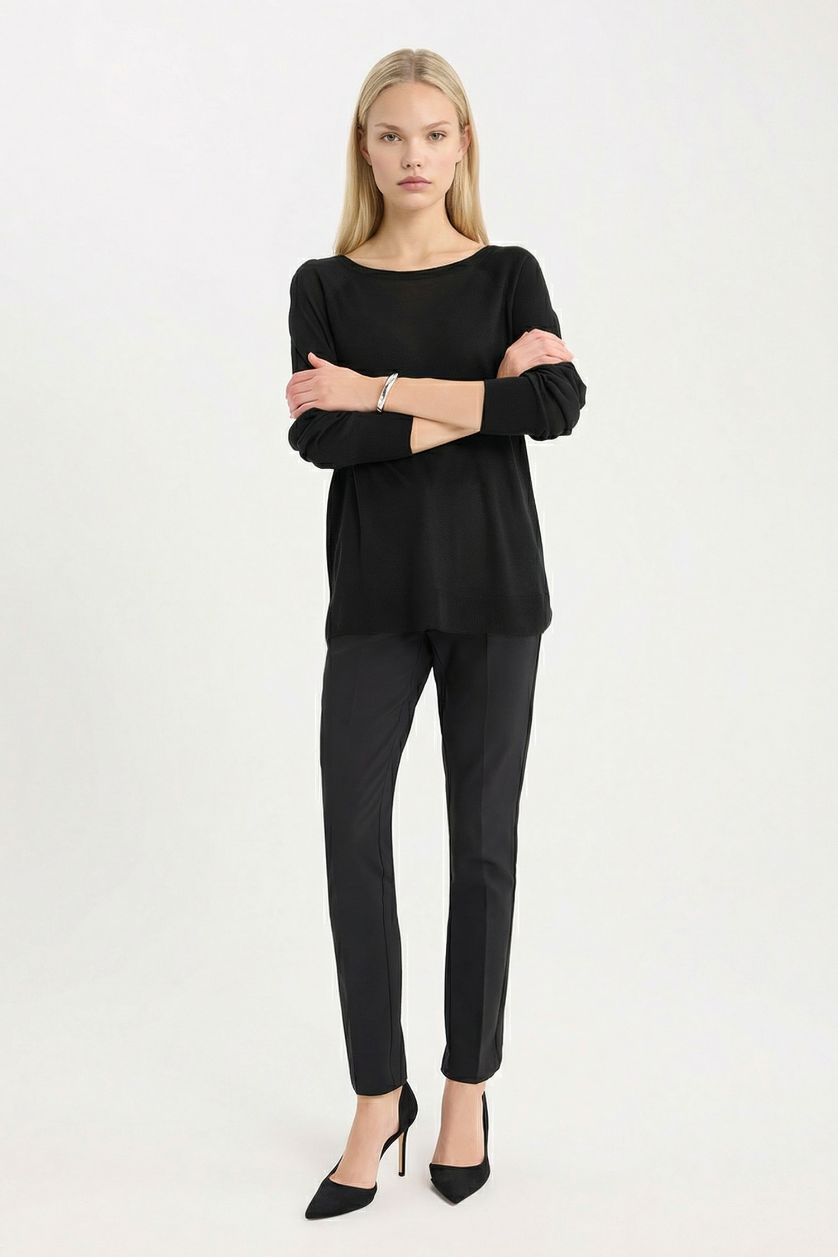 Kadın Siyah Regular Fit Bisiklet Yaka Basic Düz Siyah Triko Kazak