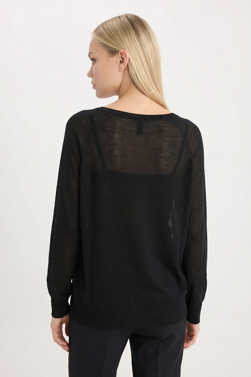 Kadın Siyah Regular Fit Bisiklet Yaka Basic Düz Siyah Triko Kazak