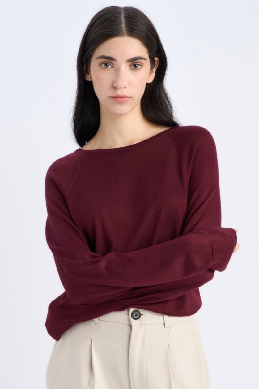 Woman Bordeaux Regular Fit Crew Neck Pullover