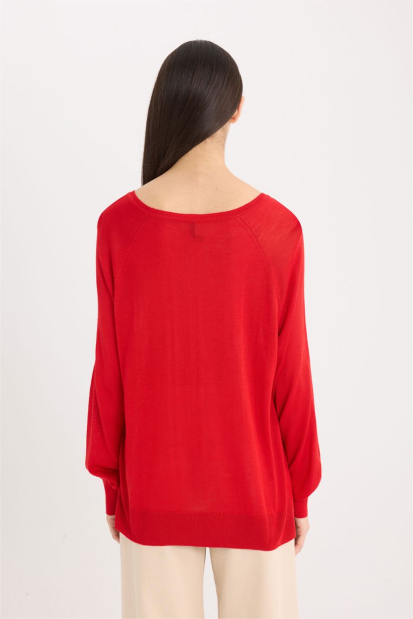 Woman Red Regular Fit Crew Neck Pullover