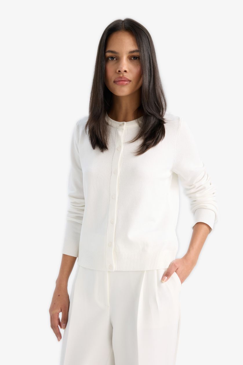 WOMAN Ecru Regular Fit Crew Neck Cardigan