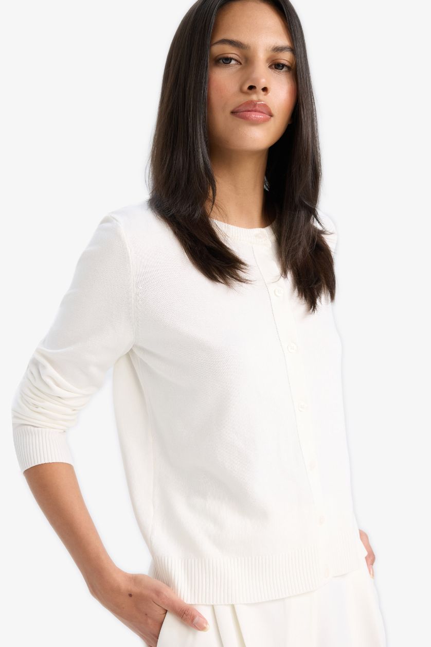 WOMAN Ecru Regular Fit Crew Neck Cardigan