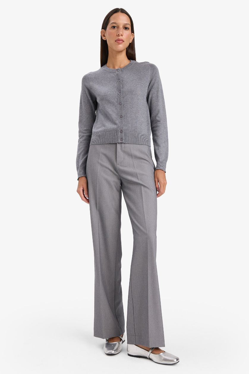 Woman Light Grey Regular Fit Crew Neck Cardigan