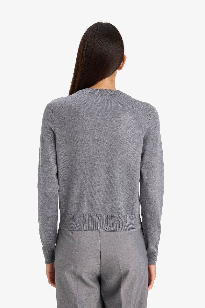 Woman Light Grey Regular Fit Crew Neck Cardigan
