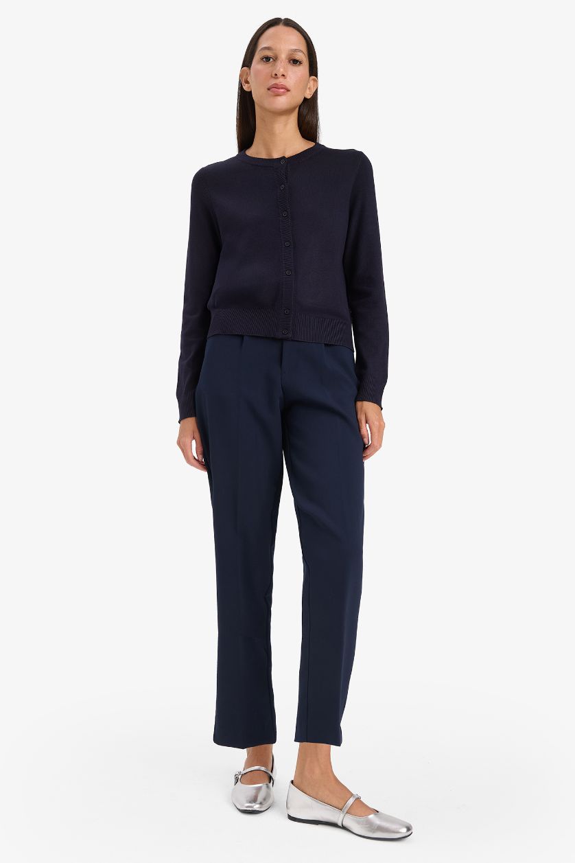 نساء كحلي جاكيت صوف تريكو قصة عادية بياخة مستديرة بأزرار