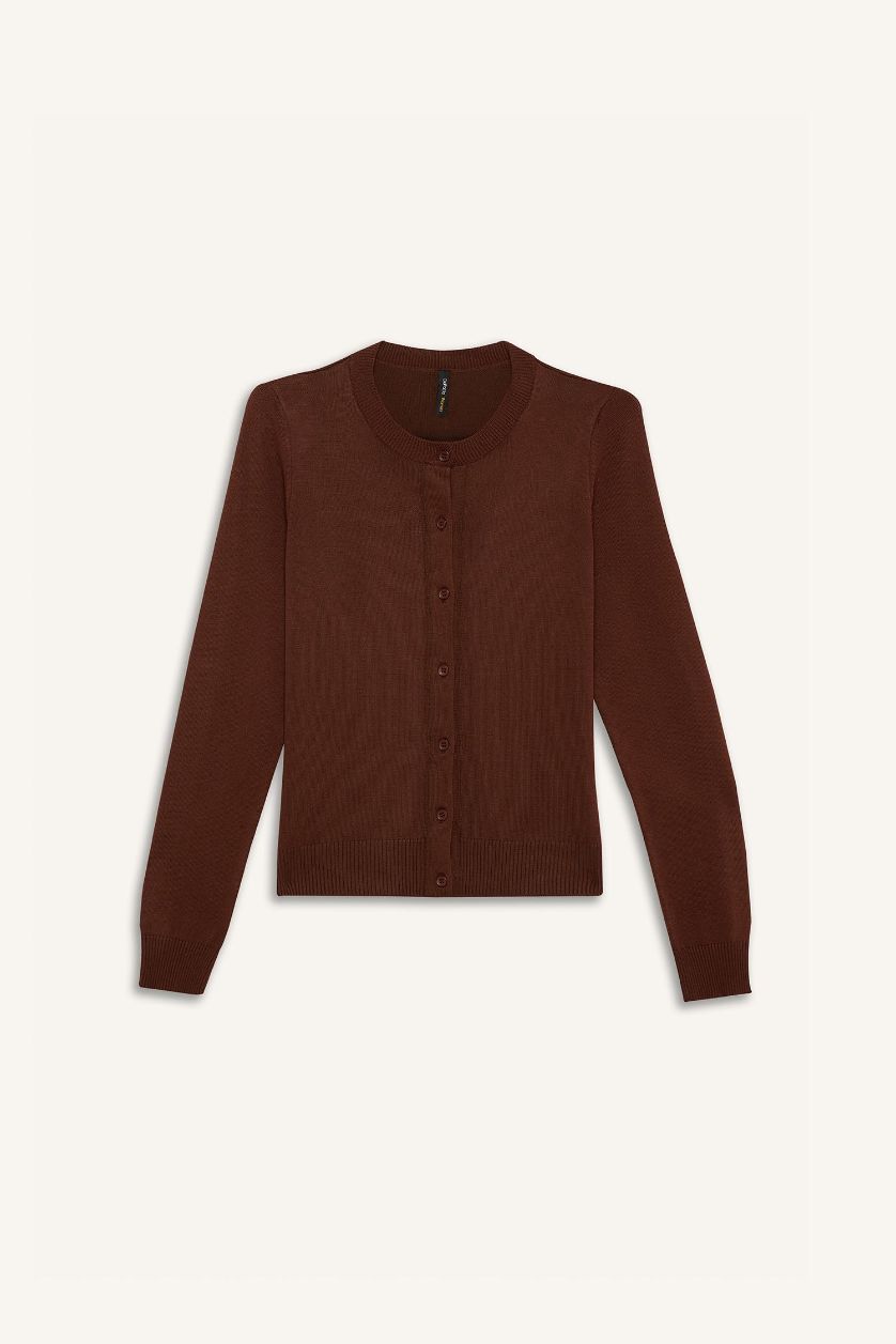 Kadın Kahve Regular Fit Bisiklet Yaka Basic Düz Düğmeli Triko Hırka