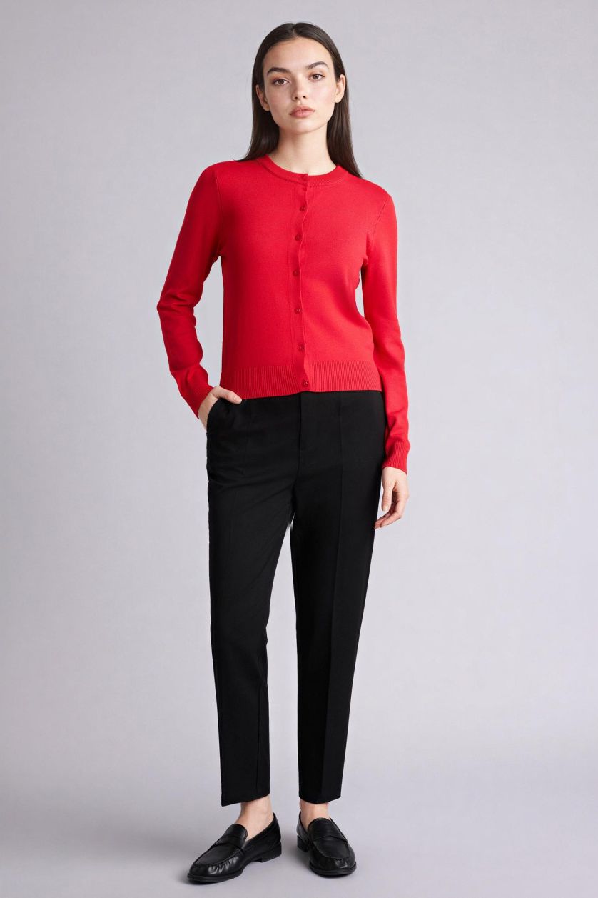 Woman Red Regular Fit Crew Neck Cardigan