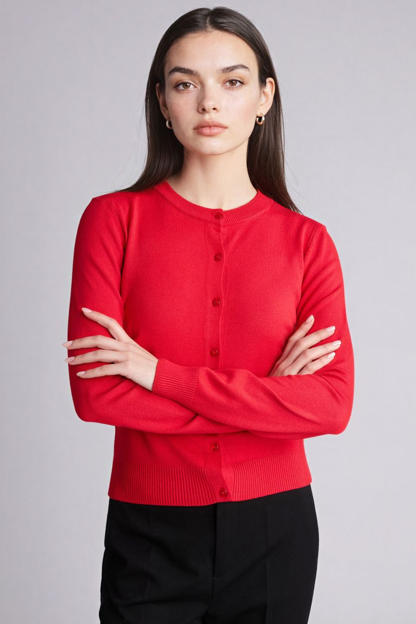 Woman Red Regular Fit Crew Neck Cardigan