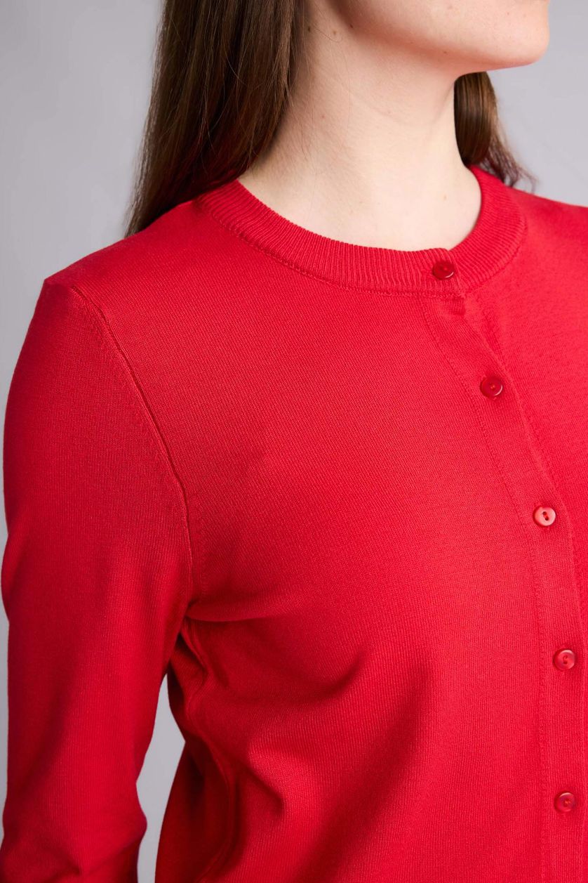 Woman Red Regular Fit Crew Neck Cardigan