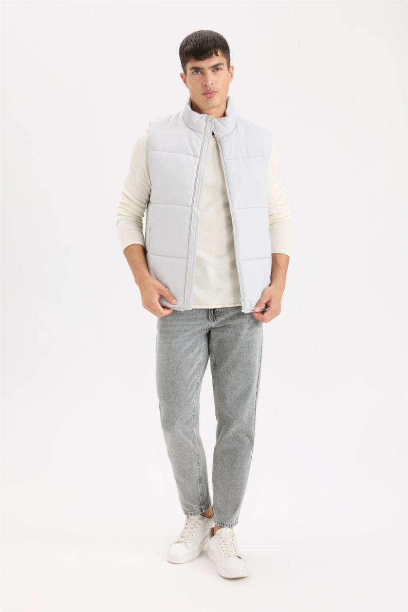 Erkek Açık Gri Regular Fit Fermuarlı Şişme Yelek