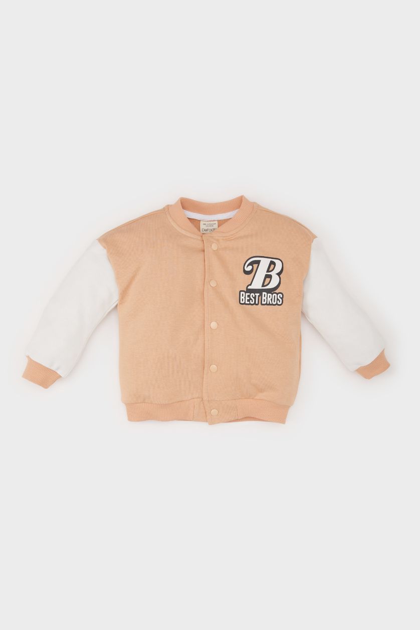 BABY BOY Beige Baby Boy College Collar Printed Snap Closure Bomber Jacket