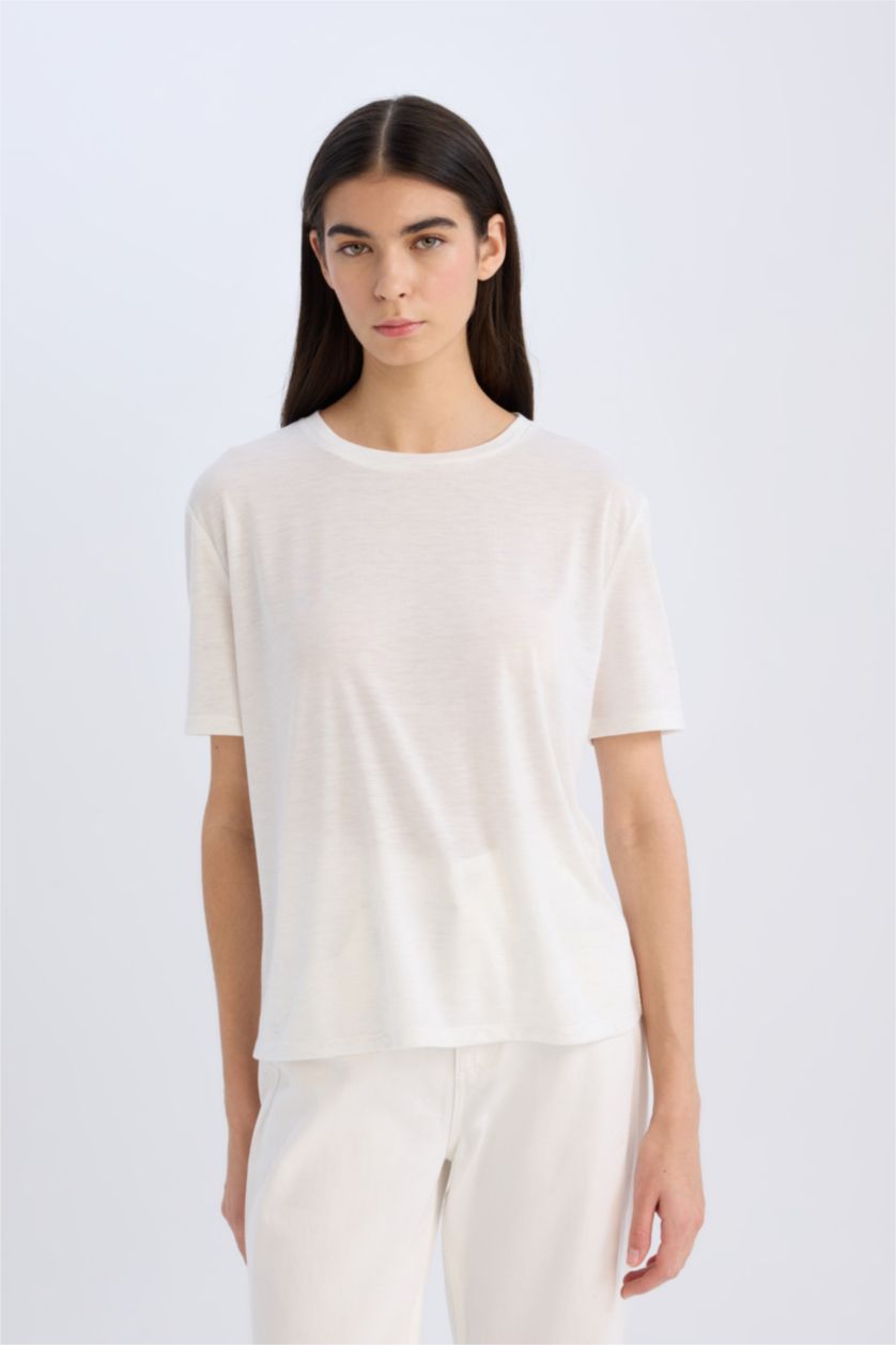 نساء بيج فاتح تيشيرت نص ردن جيرسي قصة مريحة بياخة مستديرة