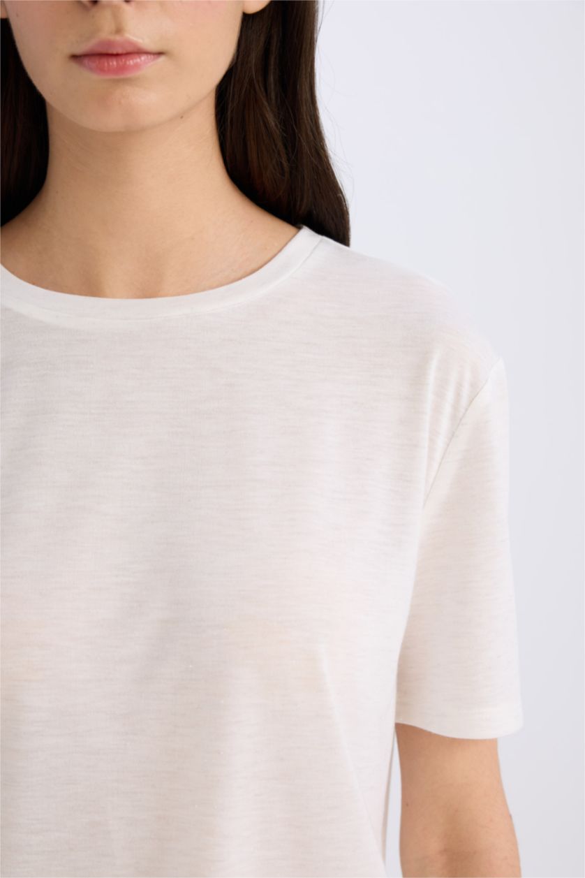 نساء بيج فاتح تيشيرت نص ردن جيرسي قصة مريحة بياخة مستديرة