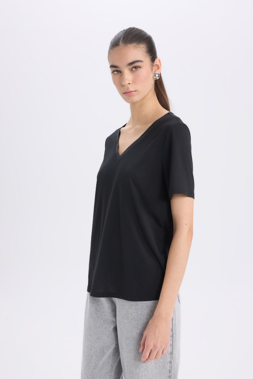 نساء أسود تيشيرت كاجوال نص ردن قصة مريحة بياخة V