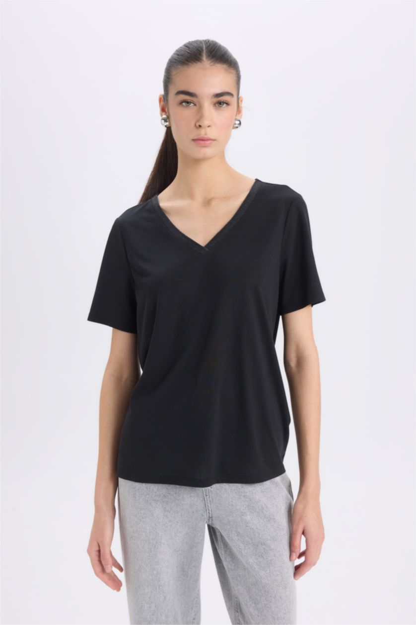 نساء أسود تيشيرت كاجوال نص ردن قصة مريحة بياخة V