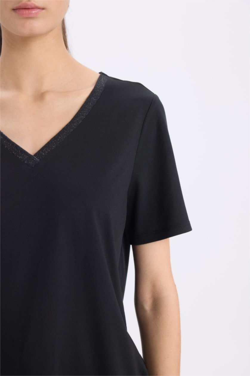 نساء أسود تيشيرت كاجوال نص ردن قصة مريحة بياخة V