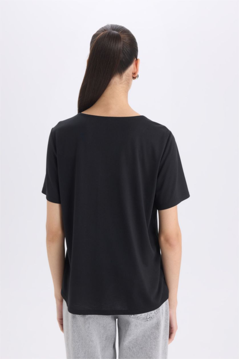 نساء أسود تيشيرت كاجوال نص ردن قصة مريحة بياخة V