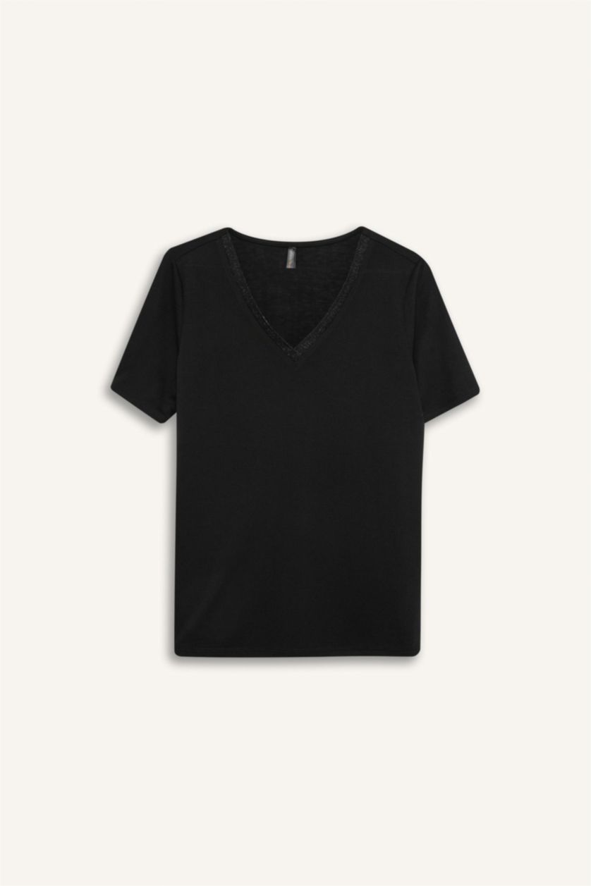 نساء أسود تيشيرت كاجوال نص ردن قصة مريحة بياخة V