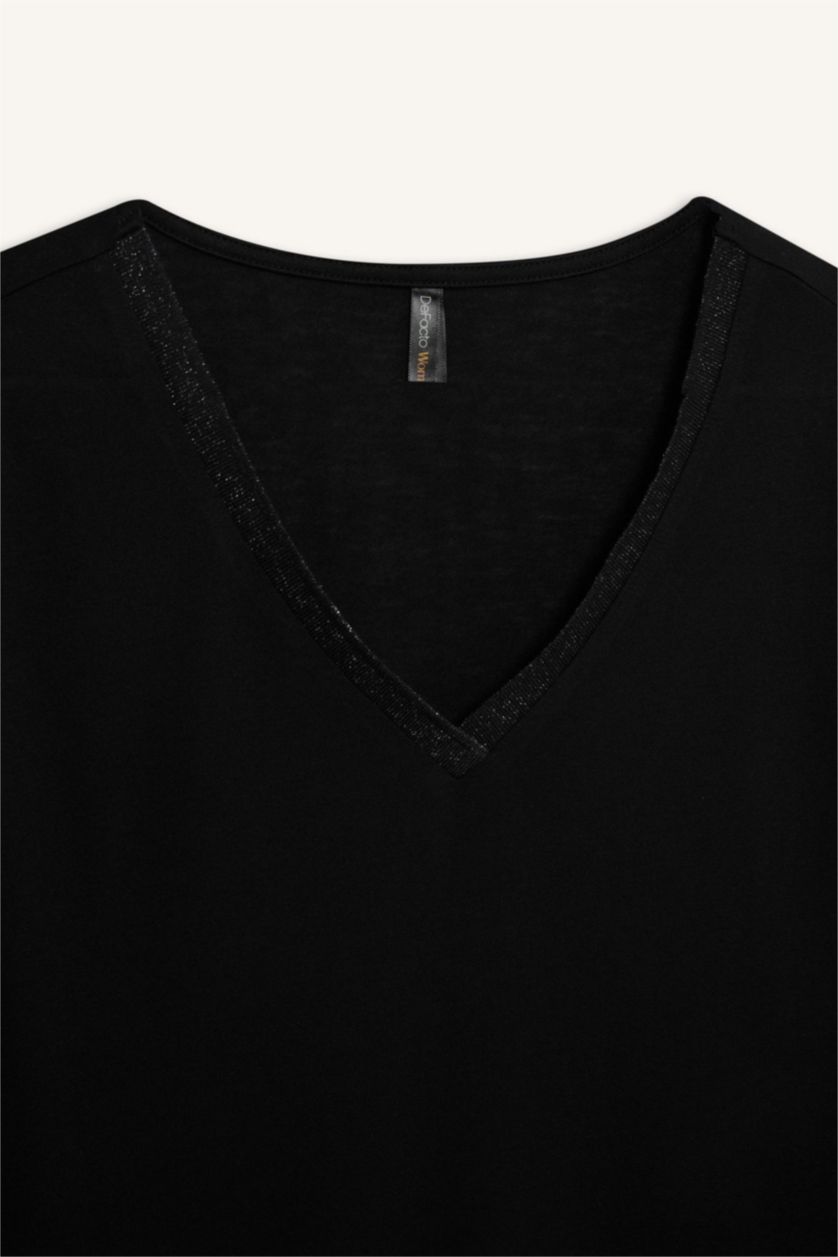 نساء أسود تيشيرت كاجوال نص ردن قصة مريحة بياخة V