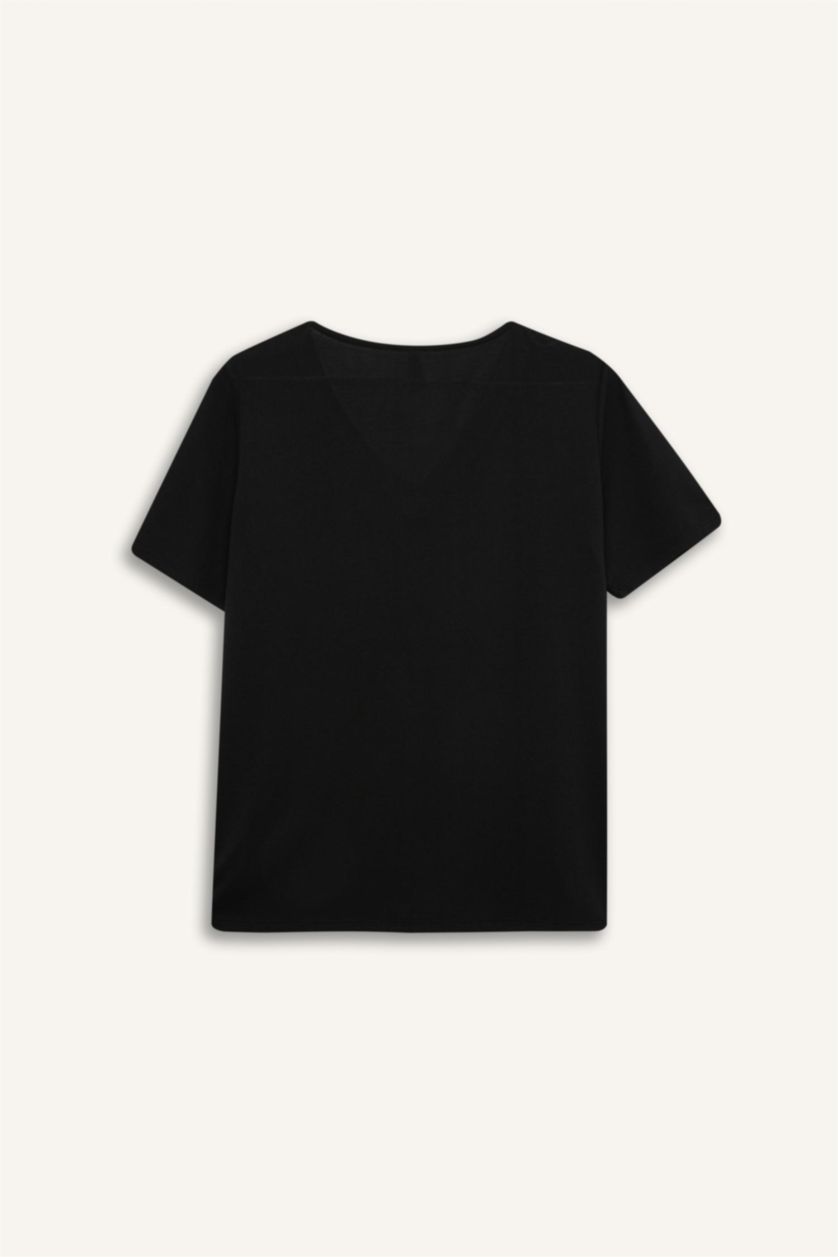 نساء أسود تيشيرت كاجوال نص ردن قصة مريحة بياخة V