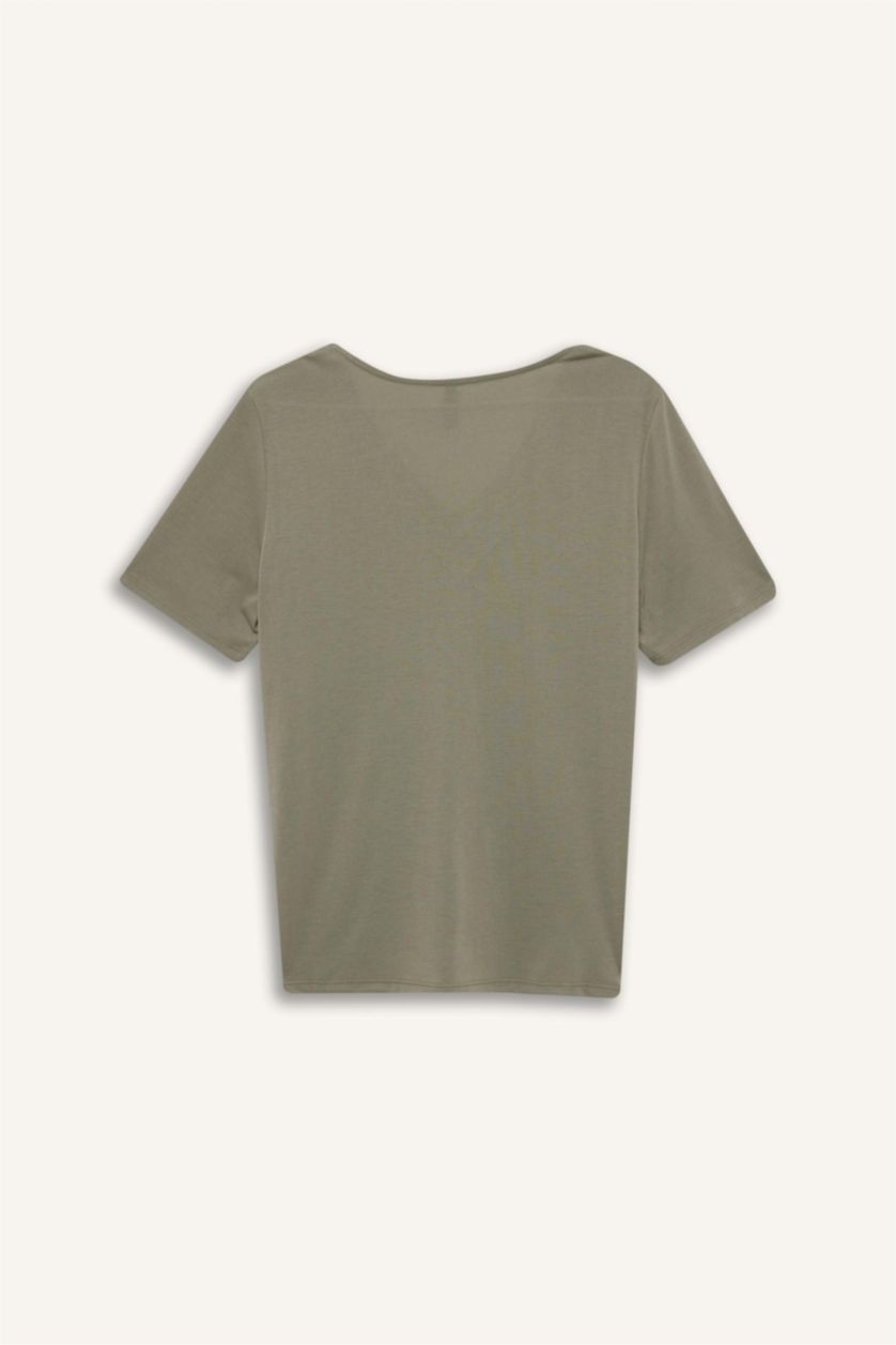 نساء كاكي فاتح تيشيرت كاجوال نص ردن قصة مريحة بياخة V