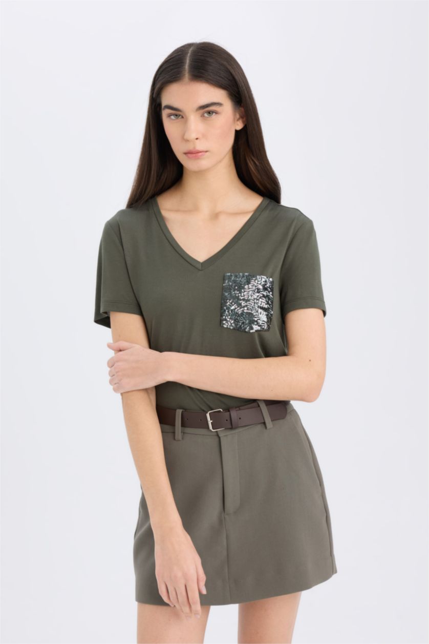 نساء كاكي داكن تيشيرت نص ردن قصة مريحة بياخة V