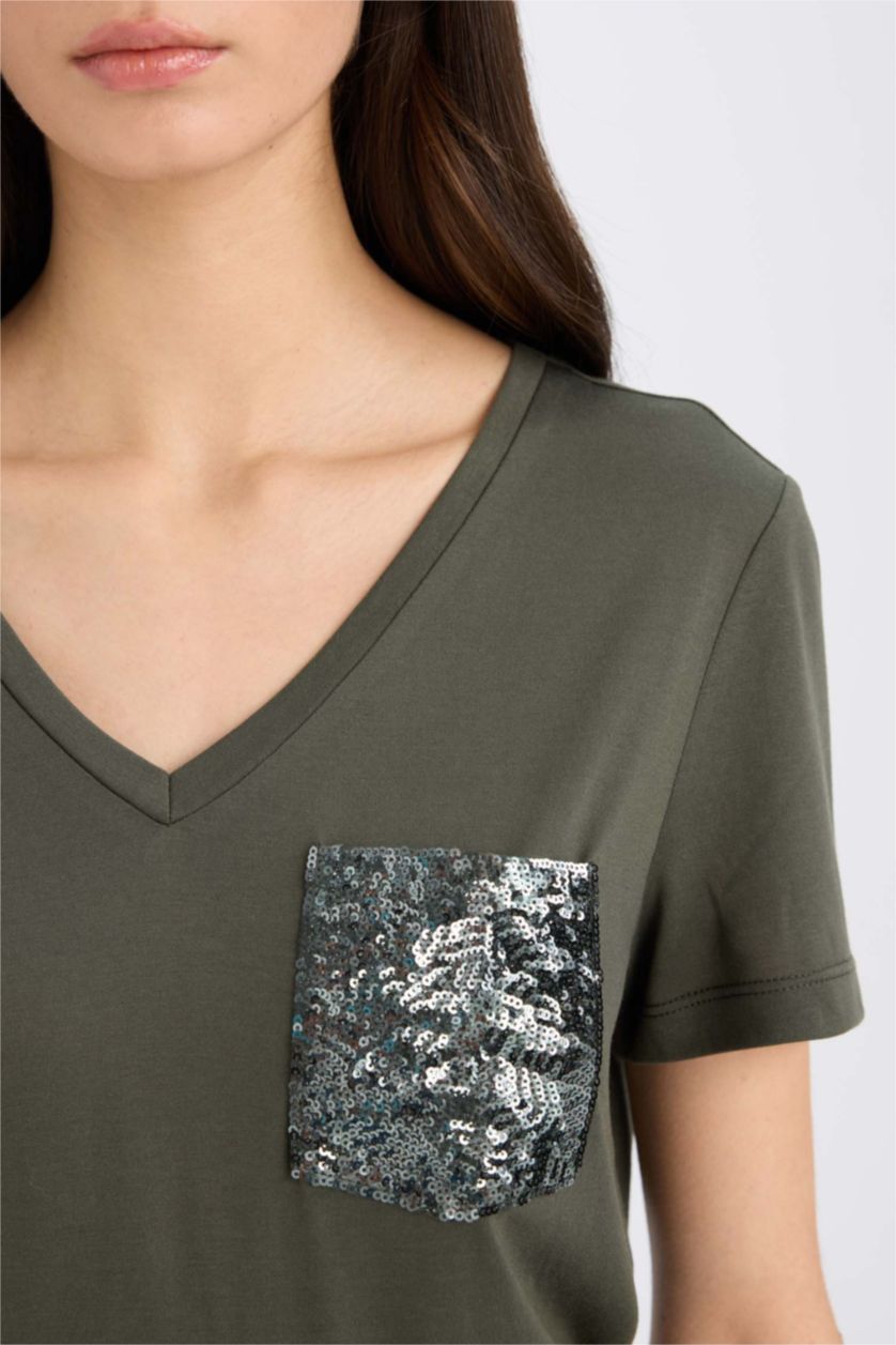 نساء كاكي داكن تيشيرت نص ردن قصة مريحة بياخة V