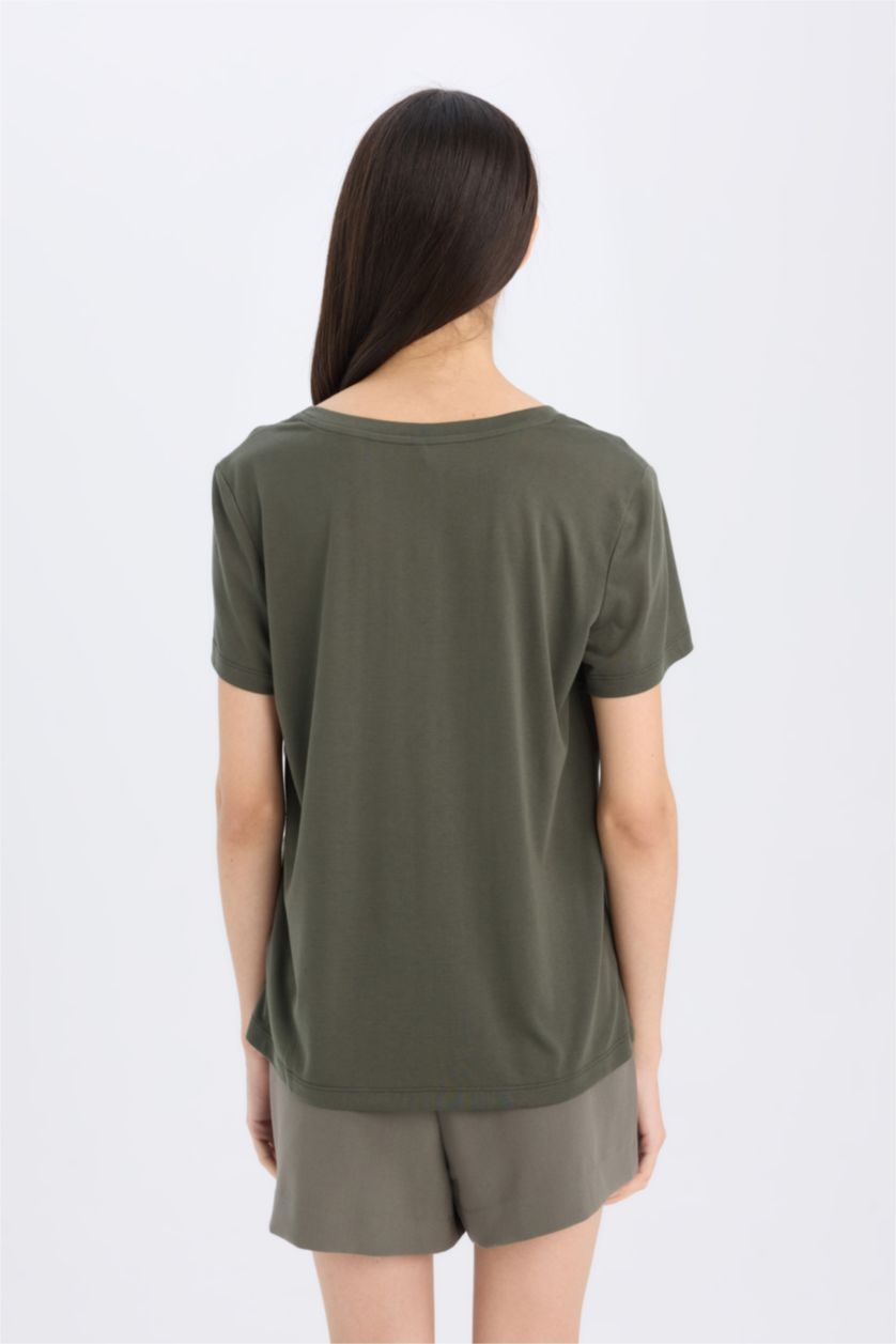 نساء كاكي داكن تيشيرت نص ردن قصة مريحة بياخة V