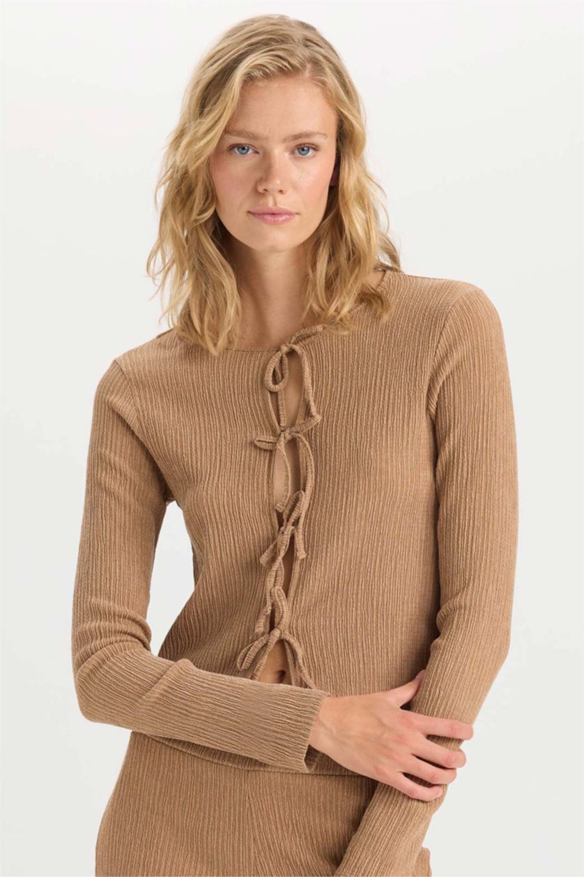 Kadın Vizon Bisiklet Yaka Basic Düz Bürümcük Uzun Kollu Önden Bağlamalı Hırka