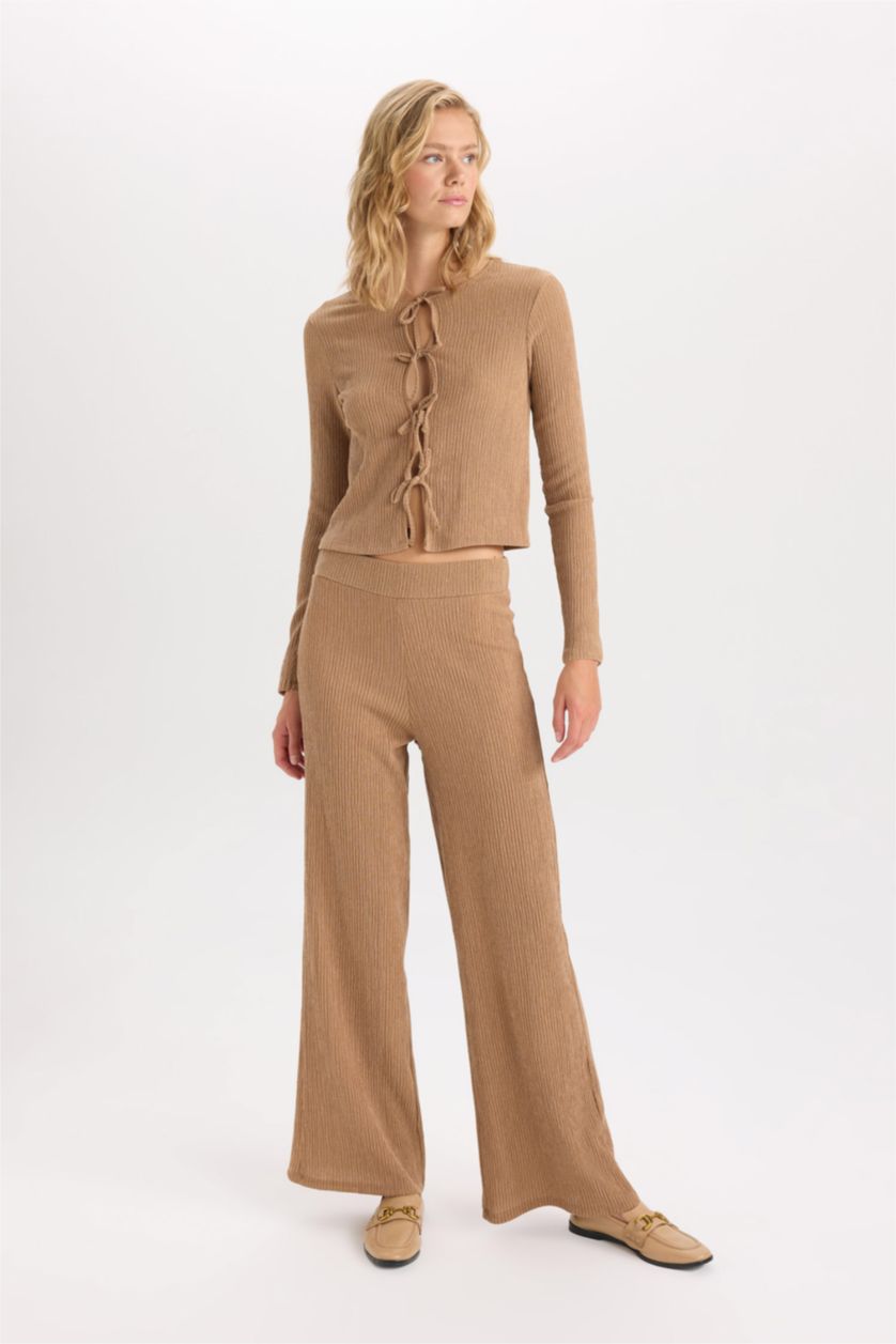 Kadın Vizon Bisiklet Yaka Basic Düz Bürümcük Uzun Kollu Önden Bağlamalı Hırka