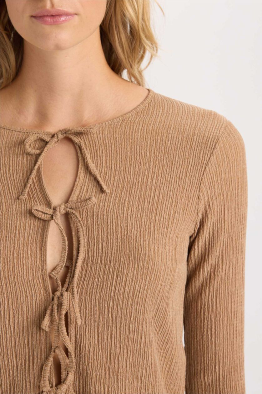 Kadın Vizon Bisiklet Yaka Basic Düz Bürümcük Uzun Kollu Önden Bağlamalı Hırka