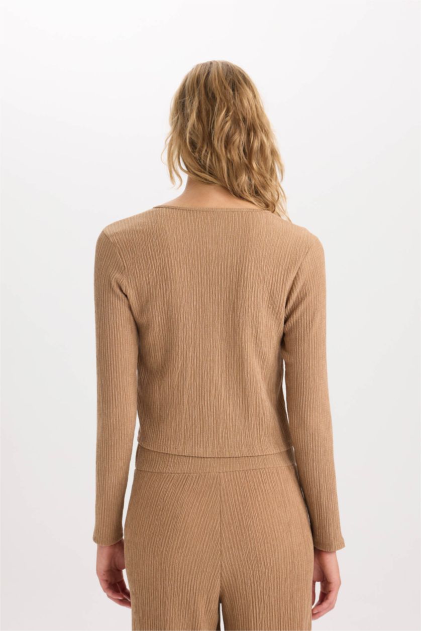 Kadın Vizon Bisiklet Yaka Basic Düz Bürümcük Uzun Kollu Önden Bağlamalı Hırka