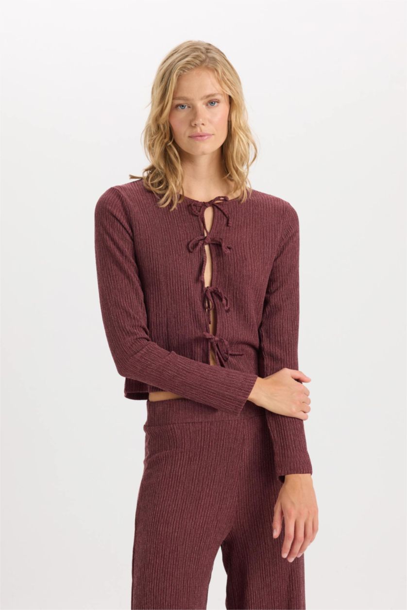 FEMME Bordeaux T-Shirt à Manches Longues à Col Rond Coupe Régulière