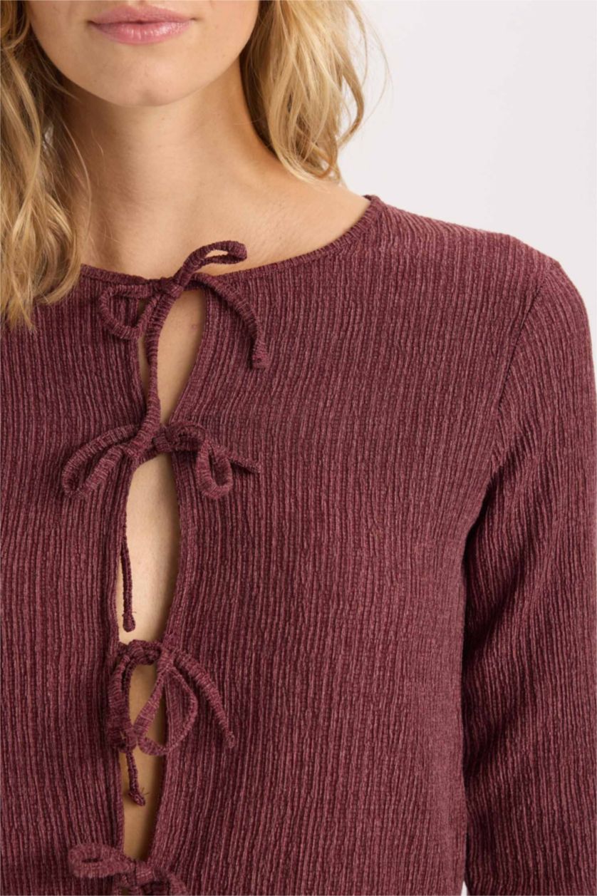 FEMME Bordeaux T-Shirt à Manches Longues à Col Rond Coupe Régulière