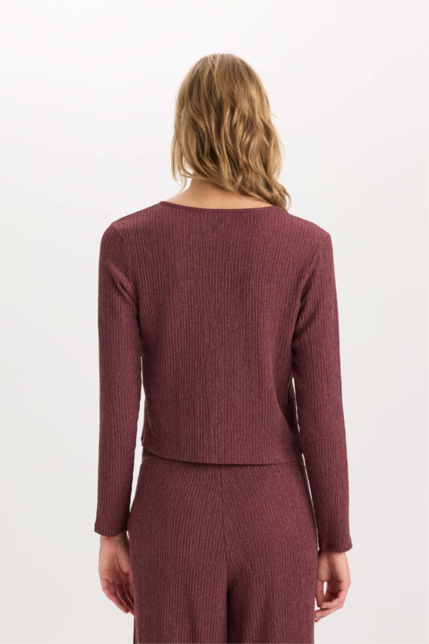 FEMME Bordeaux T-Shirt à Manches Longues à Col Rond Coupe Régulière