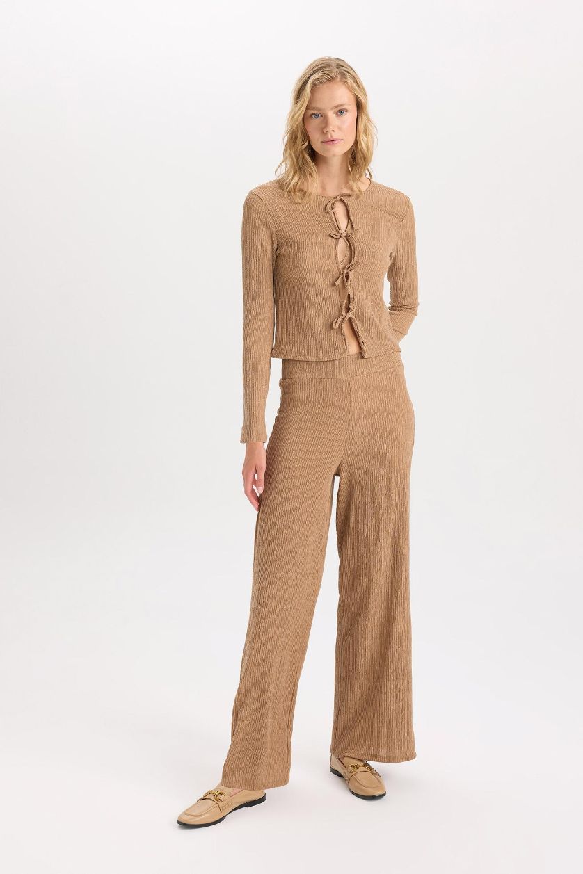 Kadın Vizon Wide Leg  Geniş Bol Paça Beli Lastikli Basic Düz Bürümcük Pantolon