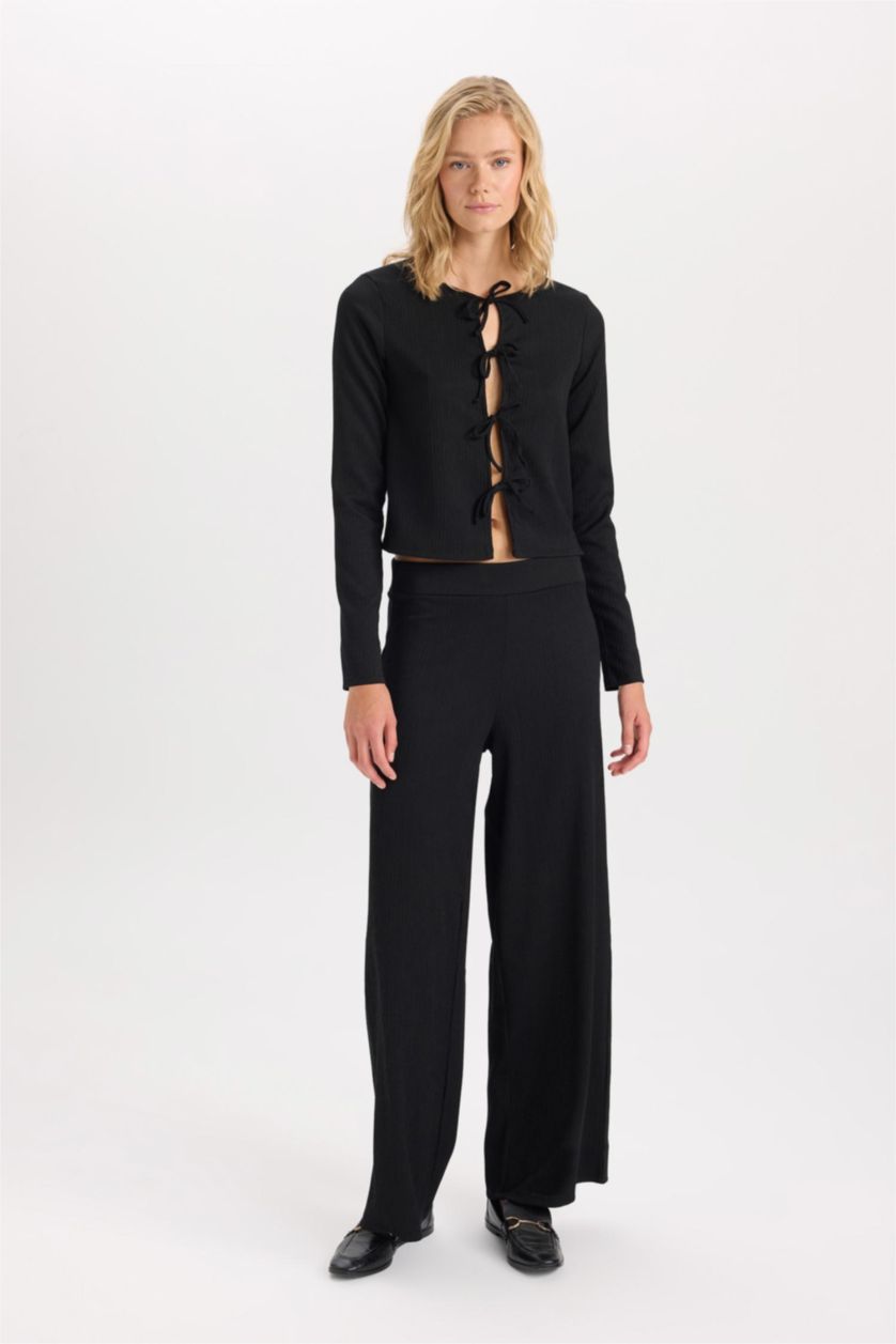 نساء أسود بنطرون منسوج وايد ليج برجل واسع