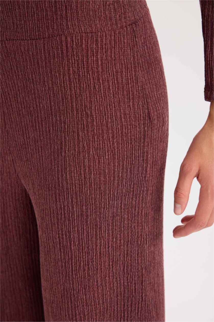Kadın Bordo Wide Leg  Geniş Bol Paça Beli Lastikli Basic Düz Bürümcük Pantolon