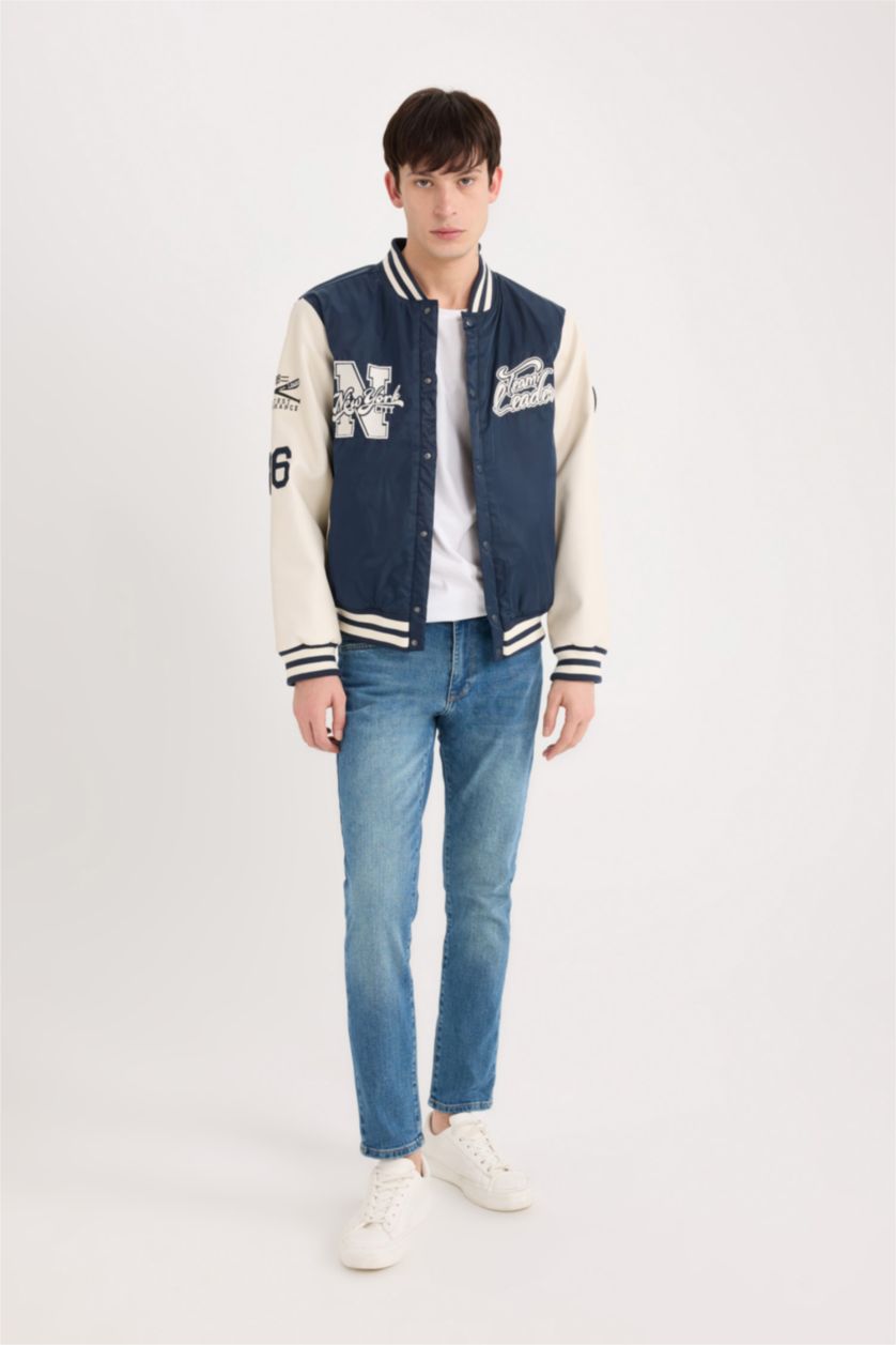 Man NAVY Waterproof Oversize Fit College Collar Embroidered Bomber Jacket