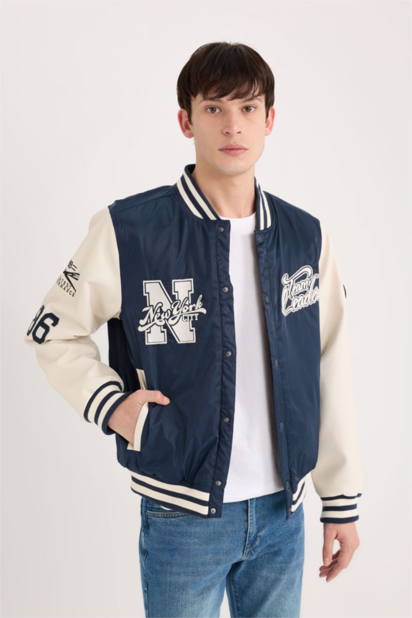 Man NAVY Waterproof Oversize Fit College Collar Embroidered Bomber Jacket