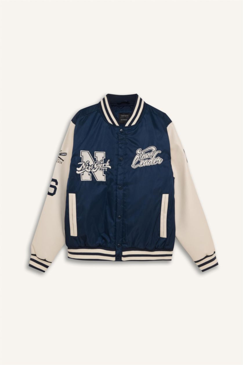 Man NAVY Waterproof Oversize Fit College Collar Embroidered Bomber Jacket