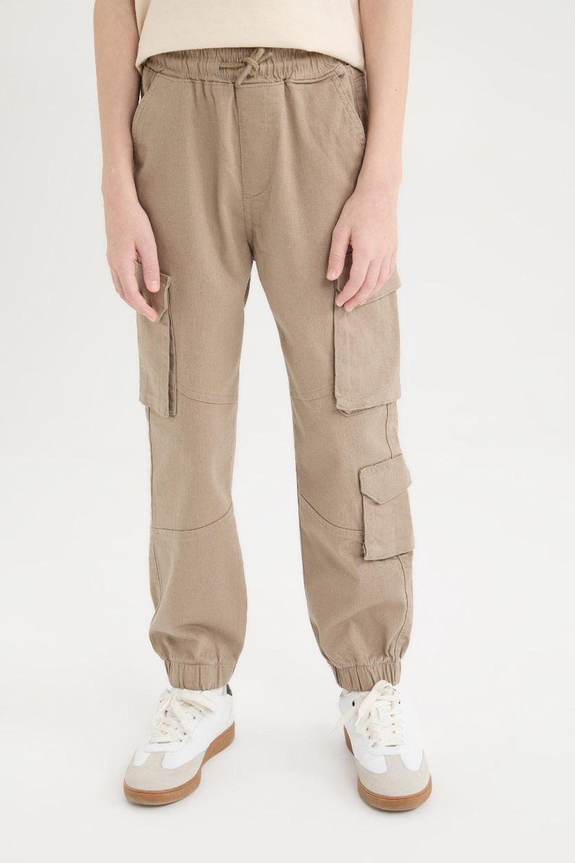 Erkek Çocuk - Genç Erkek Açık Kahve Kargo Cepli Standart Paça Gabardin Jogger Pantolon Erkek Çocuk