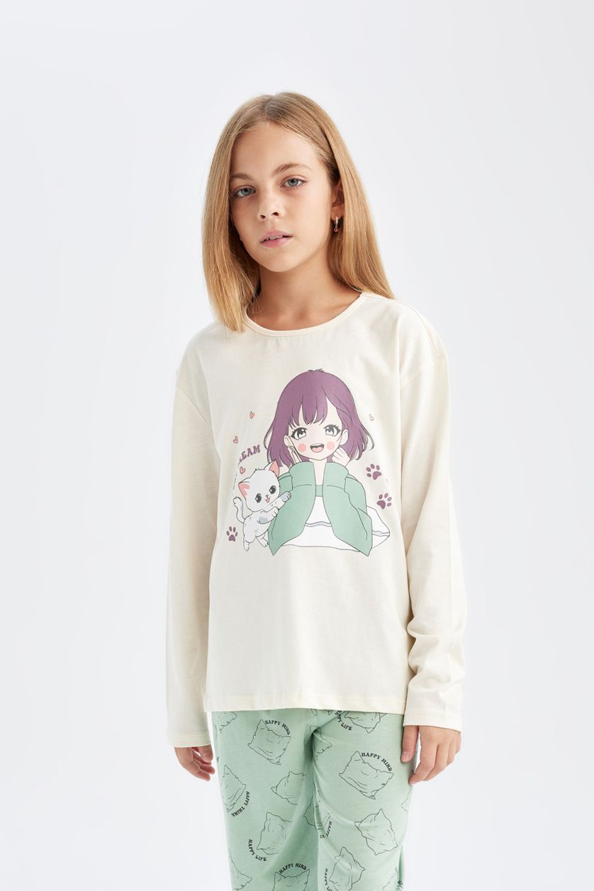Kız Çocuk - Genç Kız Ekru Kız Çocuk Pijama Takımı Baskılı Uzun Kollu Üst Beli Lastikli Uzun Alt