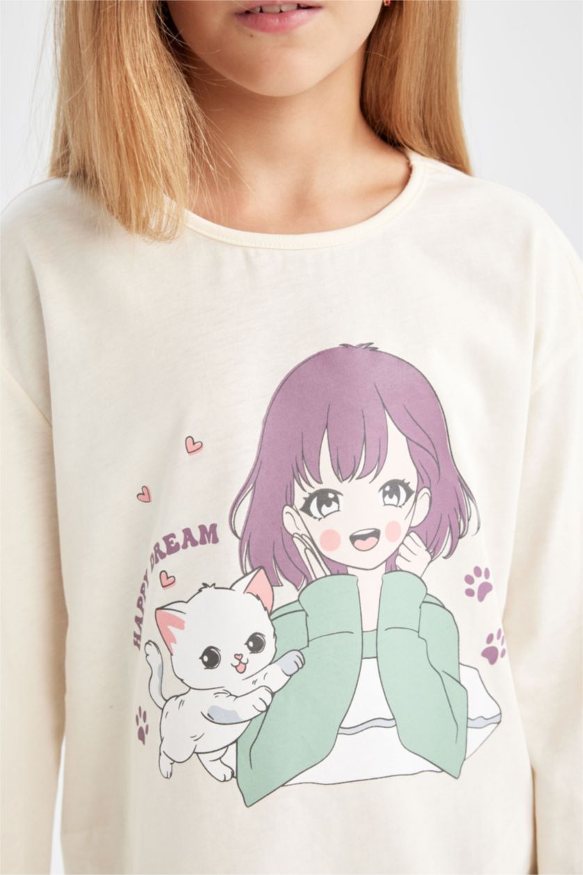 Kız Çocuk - Genç Kız Ekru Kız Çocuk Pijama Takımı Baskılı Uzun Kollu Üst Beli Lastikli Uzun Alt