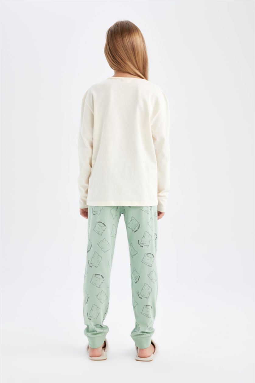 Kız Çocuk - Genç Kız Ekru Kız Çocuk Pijama Takımı Baskılı Uzun Kollu Üst Beli Lastikli Uzun Alt