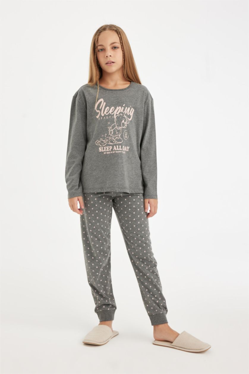 Kız Çocuk - Genç Kız Antasit Melanj Kız Çocuk Pijama Takımı Baskılı Uzun Kollu Üst Beli Lastikli Uzun Alt