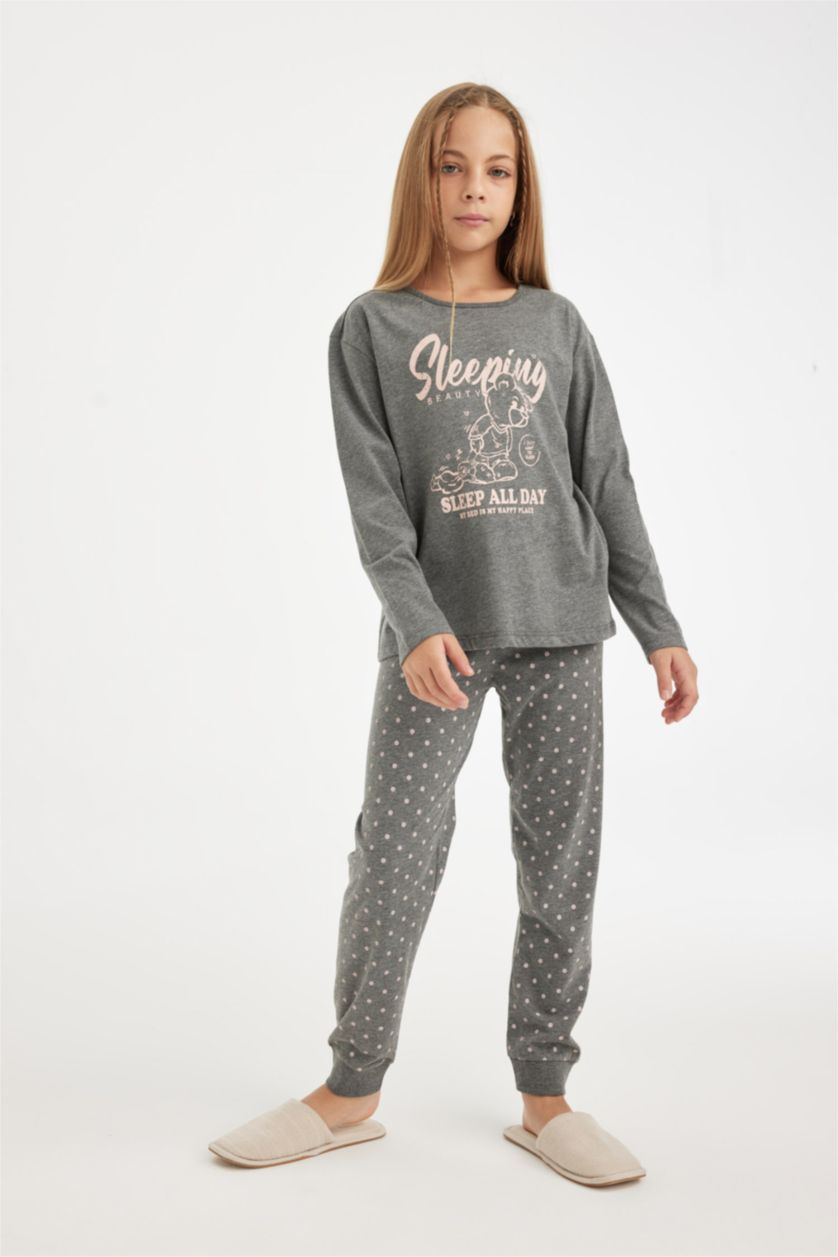 Kız Çocuk - Genç Kız Antasit Melanj Kız Çocuk Pijama Takımı Baskılı Uzun Kollu Üst Beli Lastikli Uzun Alt